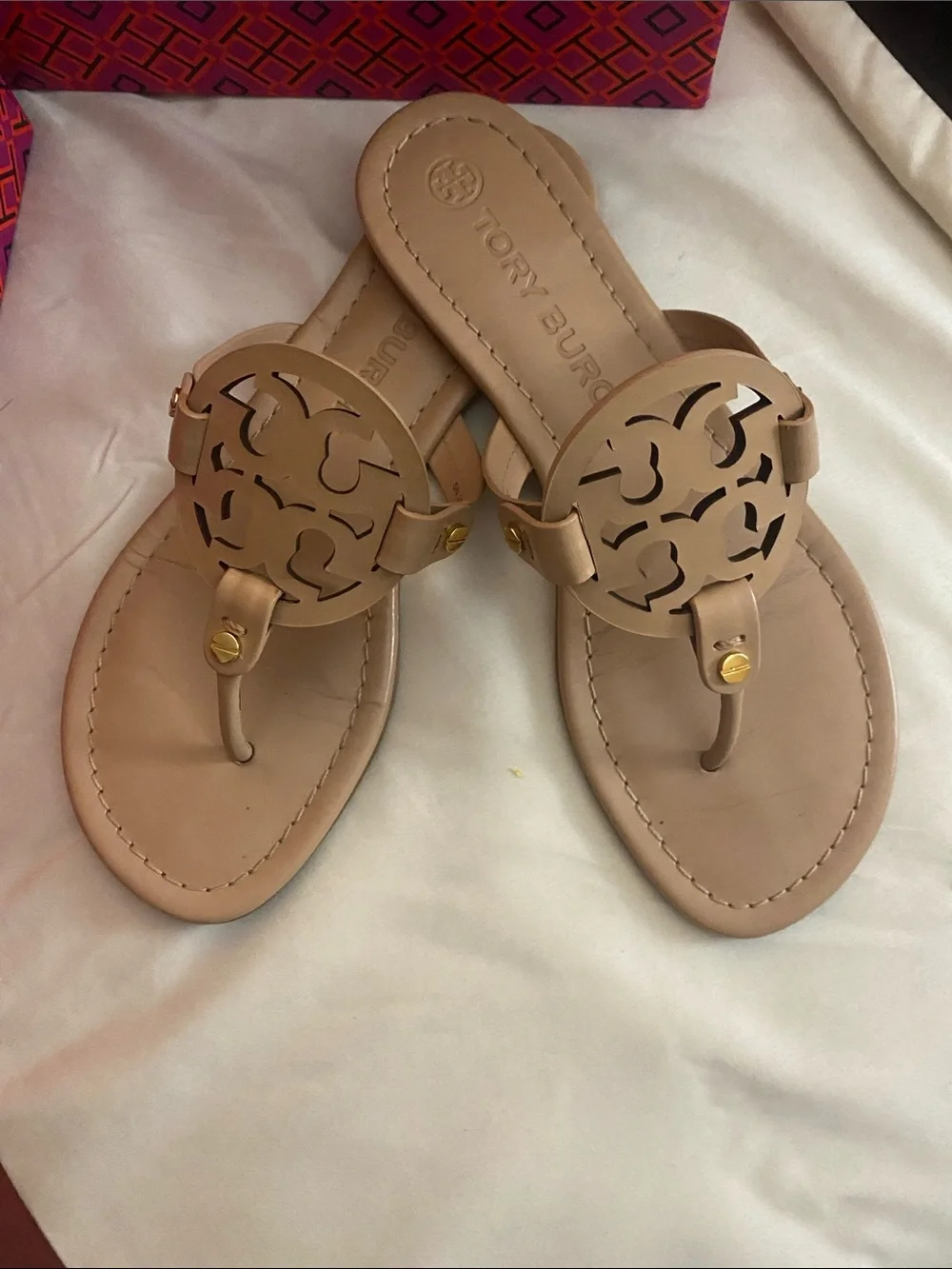 Tory Burch Neutral Beige Miller Thong Sandals with Logo Medallion